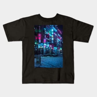 Seoul in the Snow Cyberpunk Neon City Synthwave cyberpunk aesthetic. Kids T-Shirt